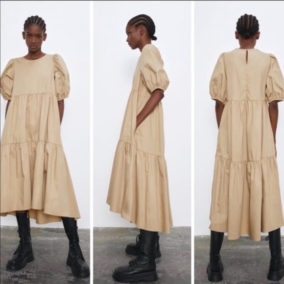 ZARA ASYMMETRIC POPLIN DRESS CAMEL Bloggers S - Picture 1 of 3